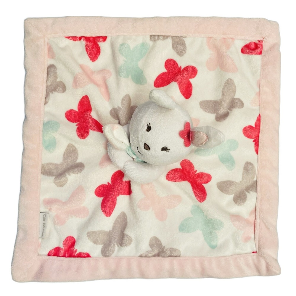 Carters White Bunny Butterfly Pink Lovey 13x13 Security Blanket Baby Toy